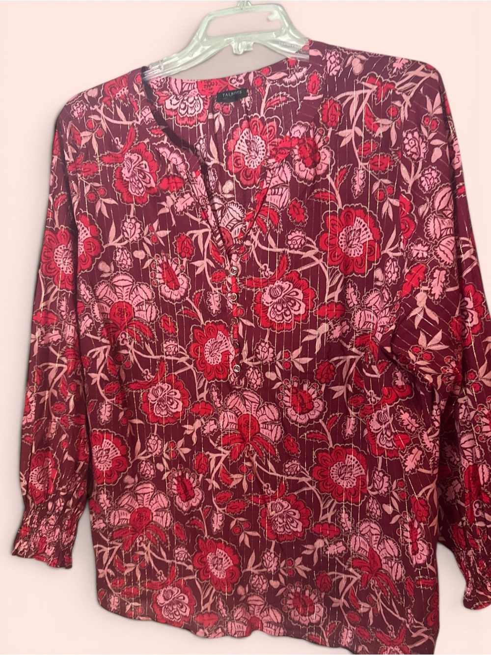 Talbots Burgundy and Pink Floral V-Neck Blouse